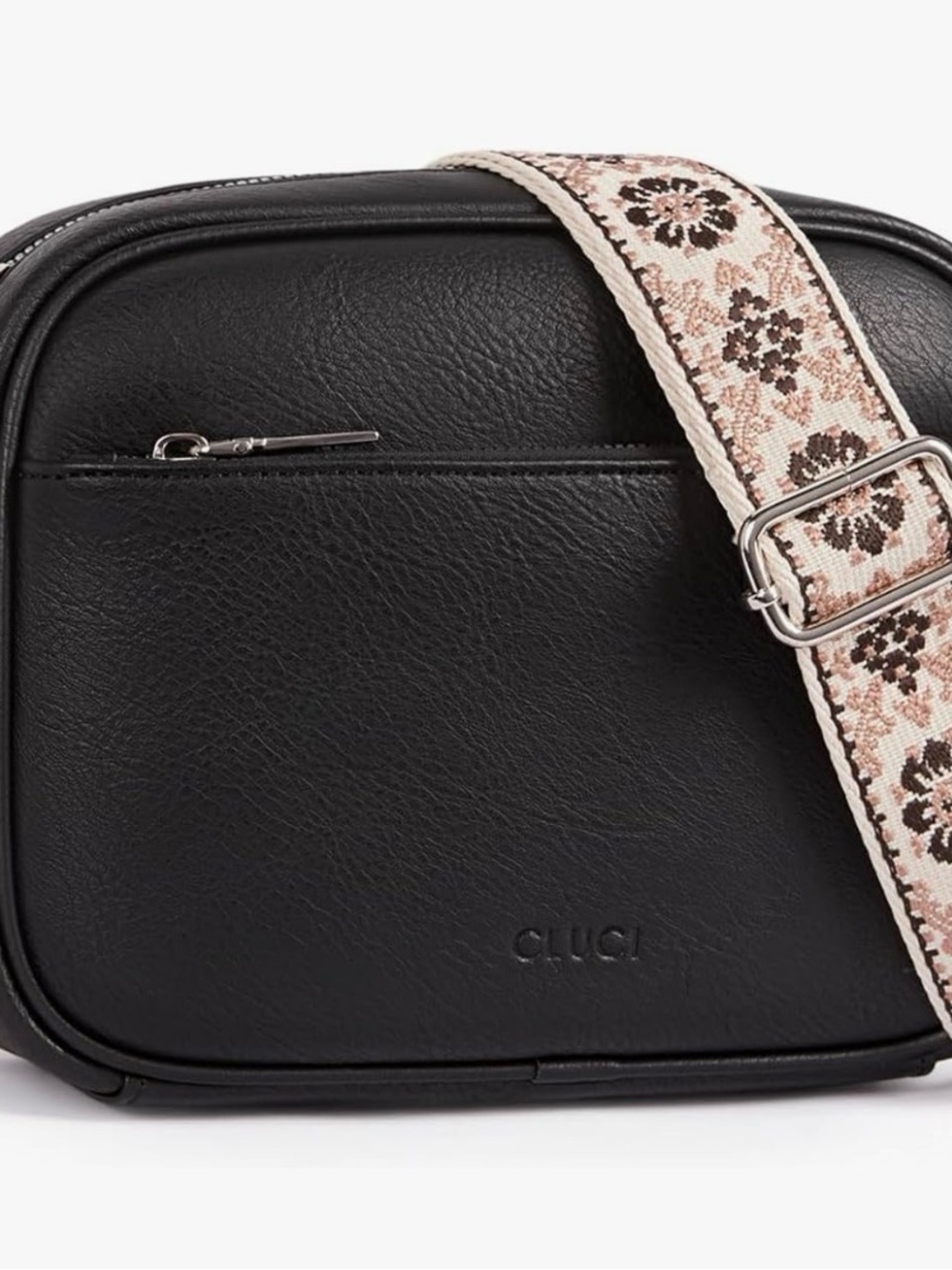 Amazon Black Faux Leather Crossbody with Beige & Brown Floral Jacquard Strap